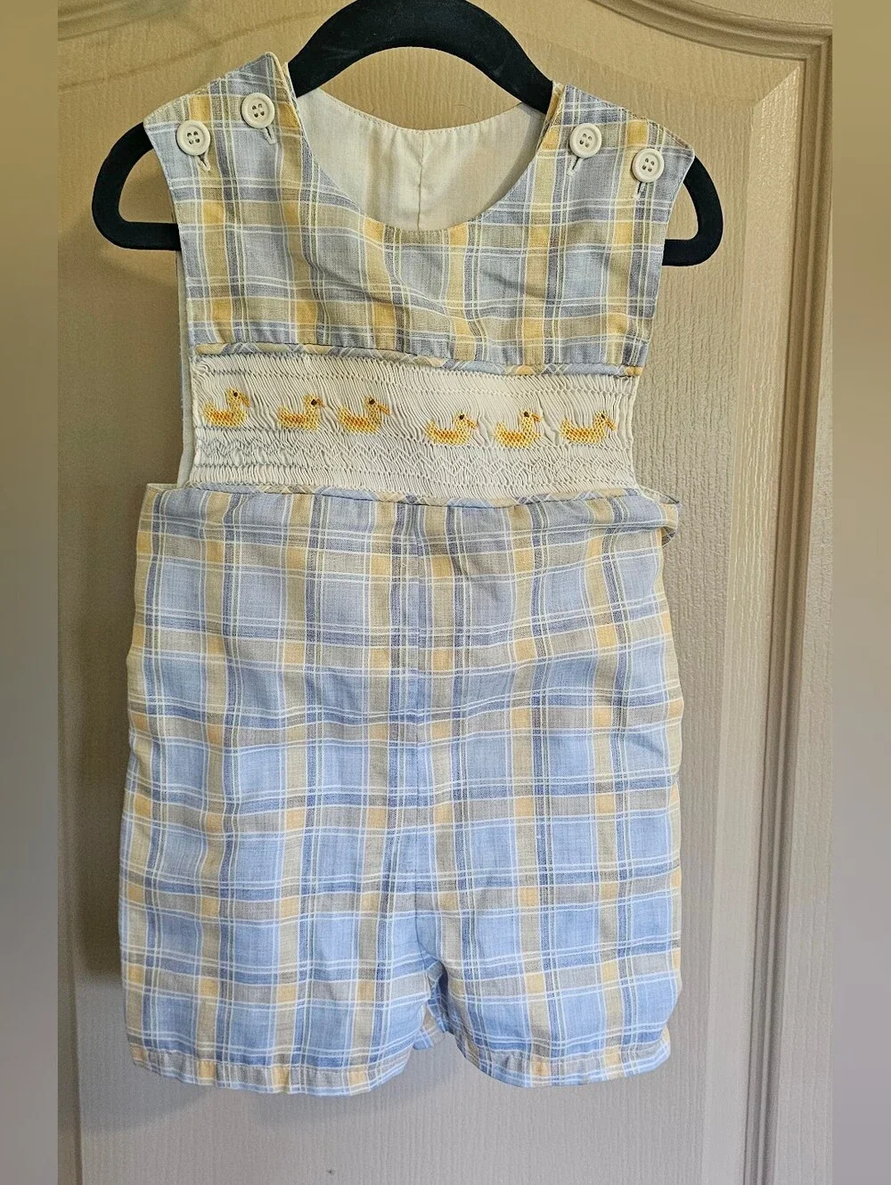 Vintage Homemade Embroidered Smocked Ducks Baby Shorts Romper 12-18mos